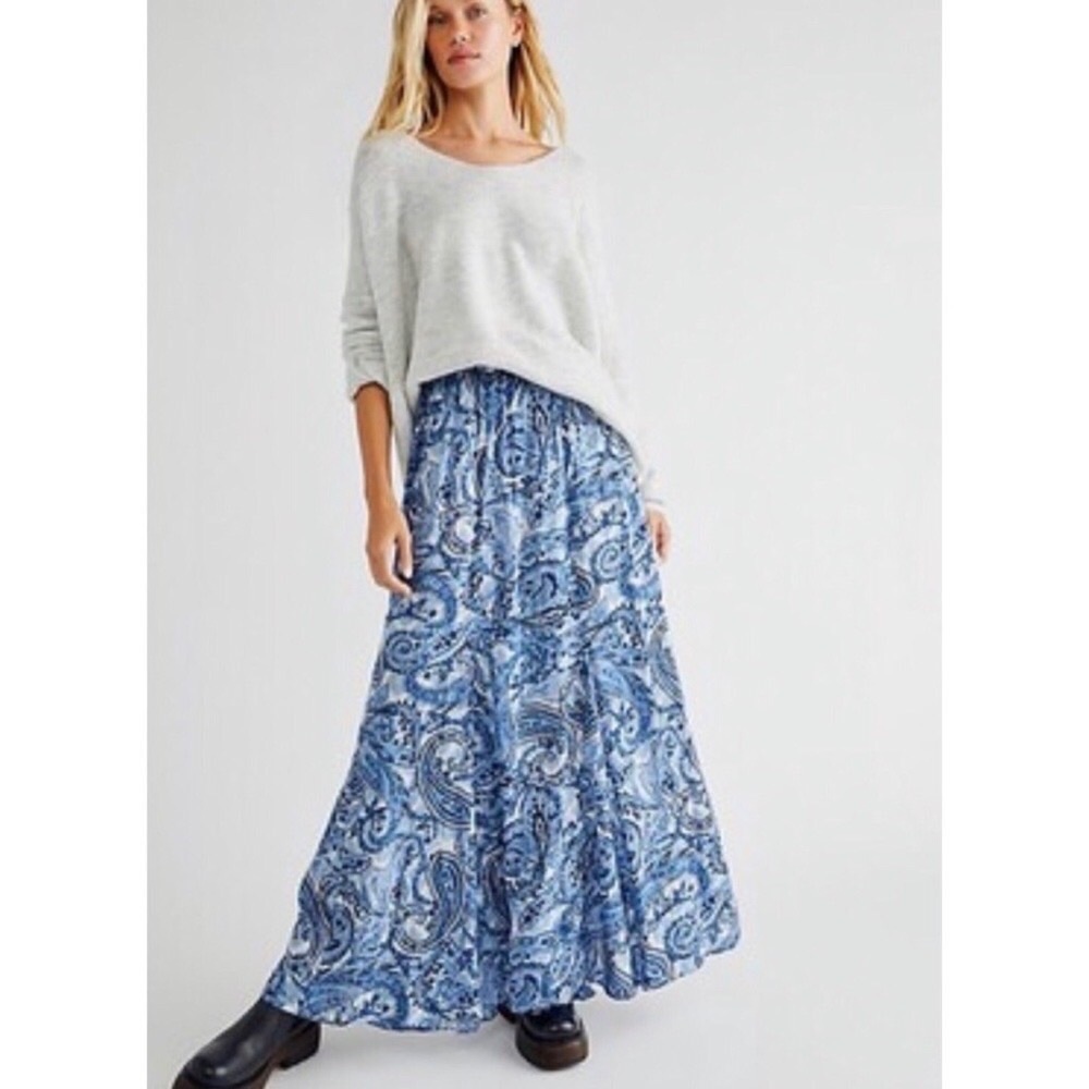 Free People Annalise Printed Maxi Skirt Blue